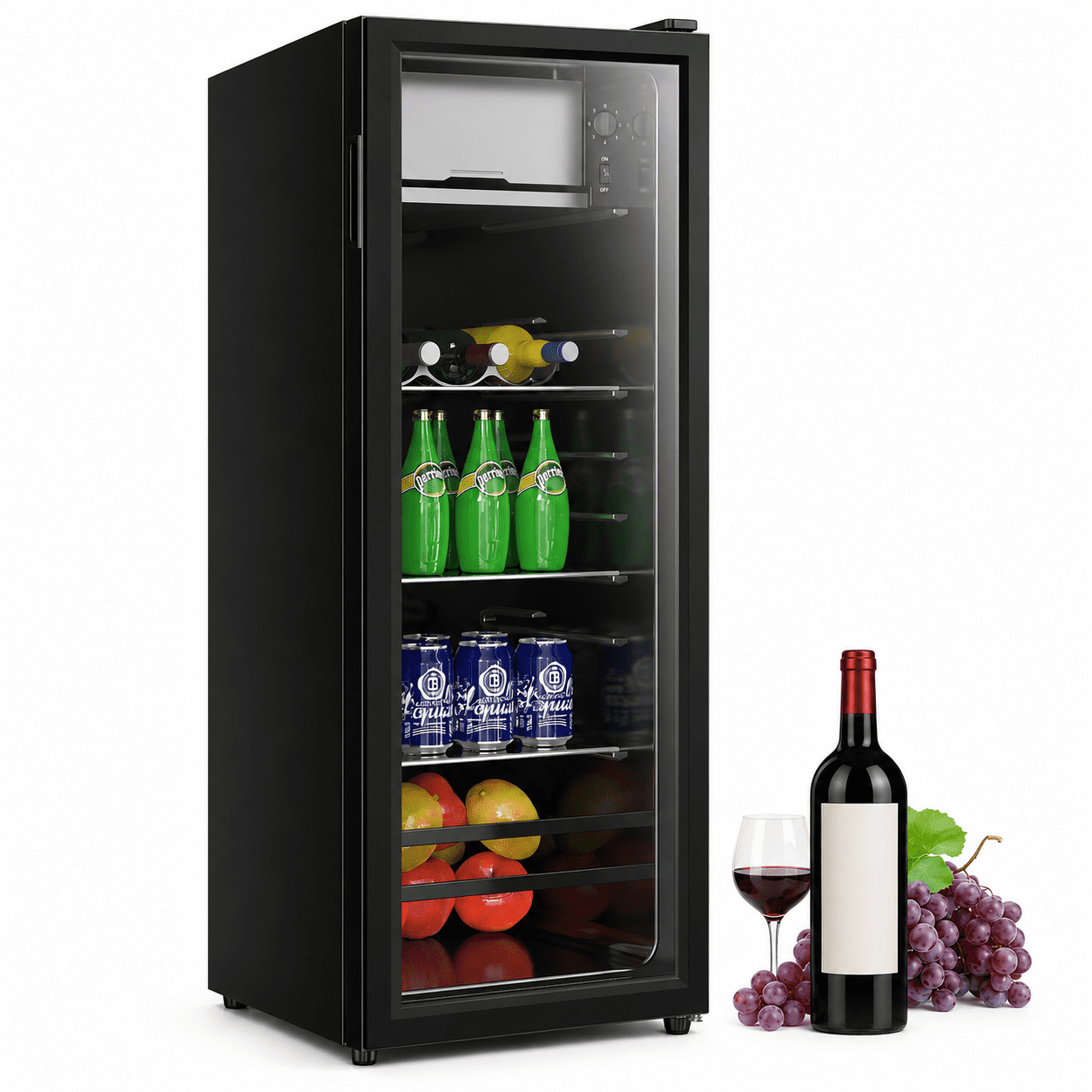GGTB 4.5 Cu.ft Beverage Refrigerator with Freezer  Glass Door, 7 Temperature Settings, Adjustable Shelves, Compact for Office Bar Dorm, Black