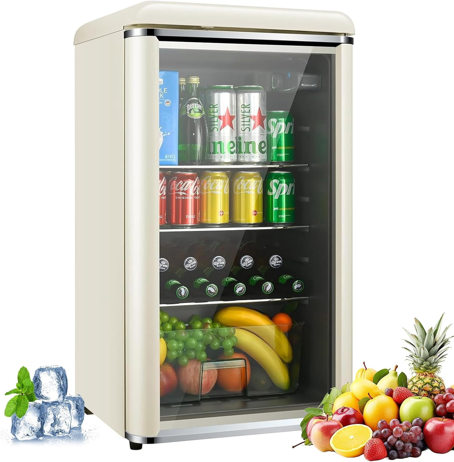 GGTB 4.9 Cu.Ft Retro Beverage Cooler - Double Glass Door Mini Fridge with 160-Can Capacity, 7 Temp Settings & Adjustable Shelves - Freestanding for Kitchen, Bar, Dorm (Cream)