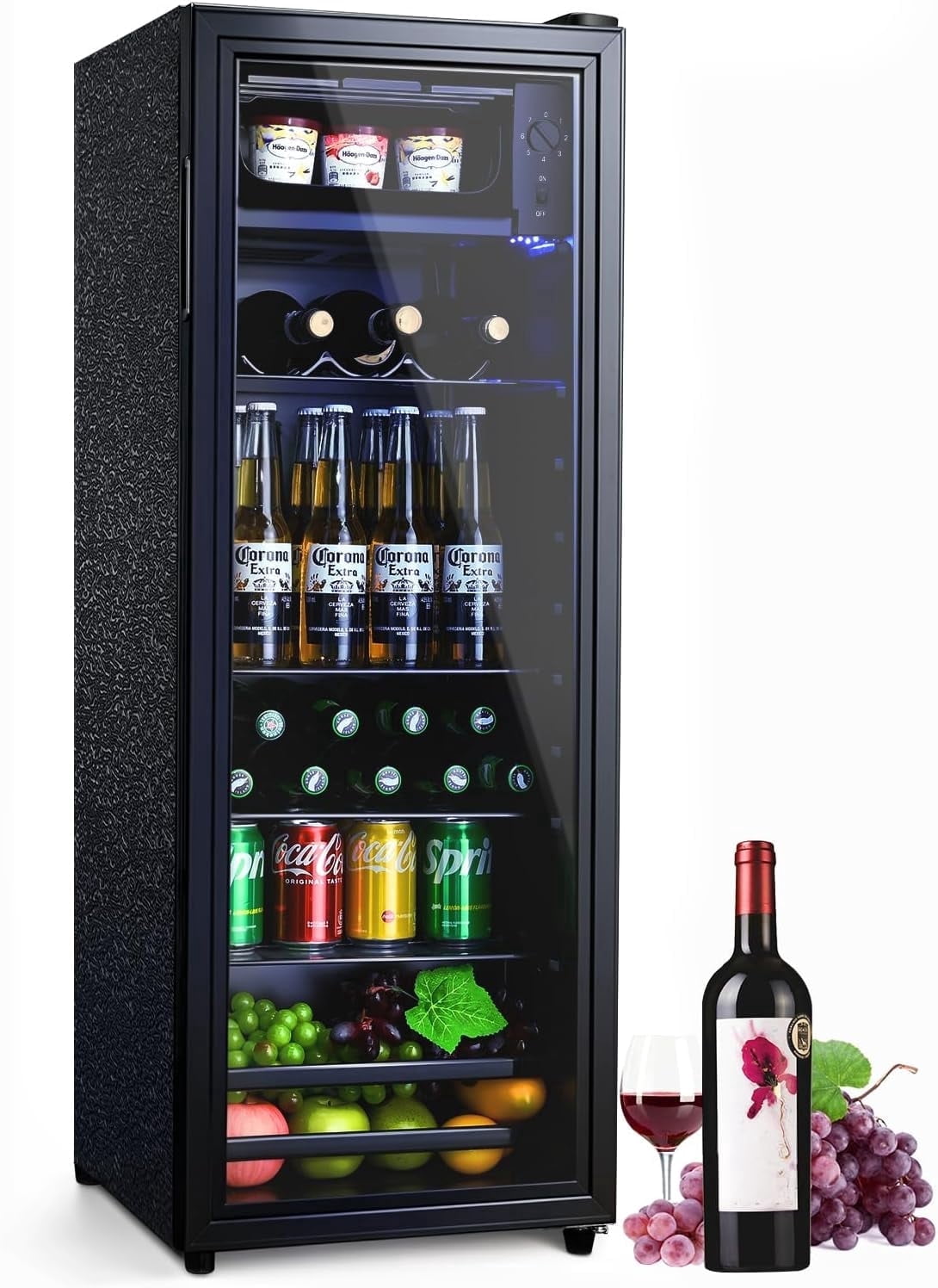 GGTB 4.5 Cu.ft Beverage Refrigerator with Glass Door, Mini Fridge with Freezer Compartment, 7 Temperature Settings, Adjustable Shelves for Soda Beer Wine, for Home Office Bar, Black