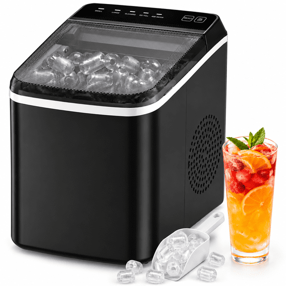GGTB Countertop Ice Maker Machine with Handle, Auto-Cleaning Portable Ice Maker with Basket & Scoop, 26.5 lbs in 24Hrs & 9 Cubes in 6 Mins, 2 Cube Sizes, for Home Party Camping RV, Black