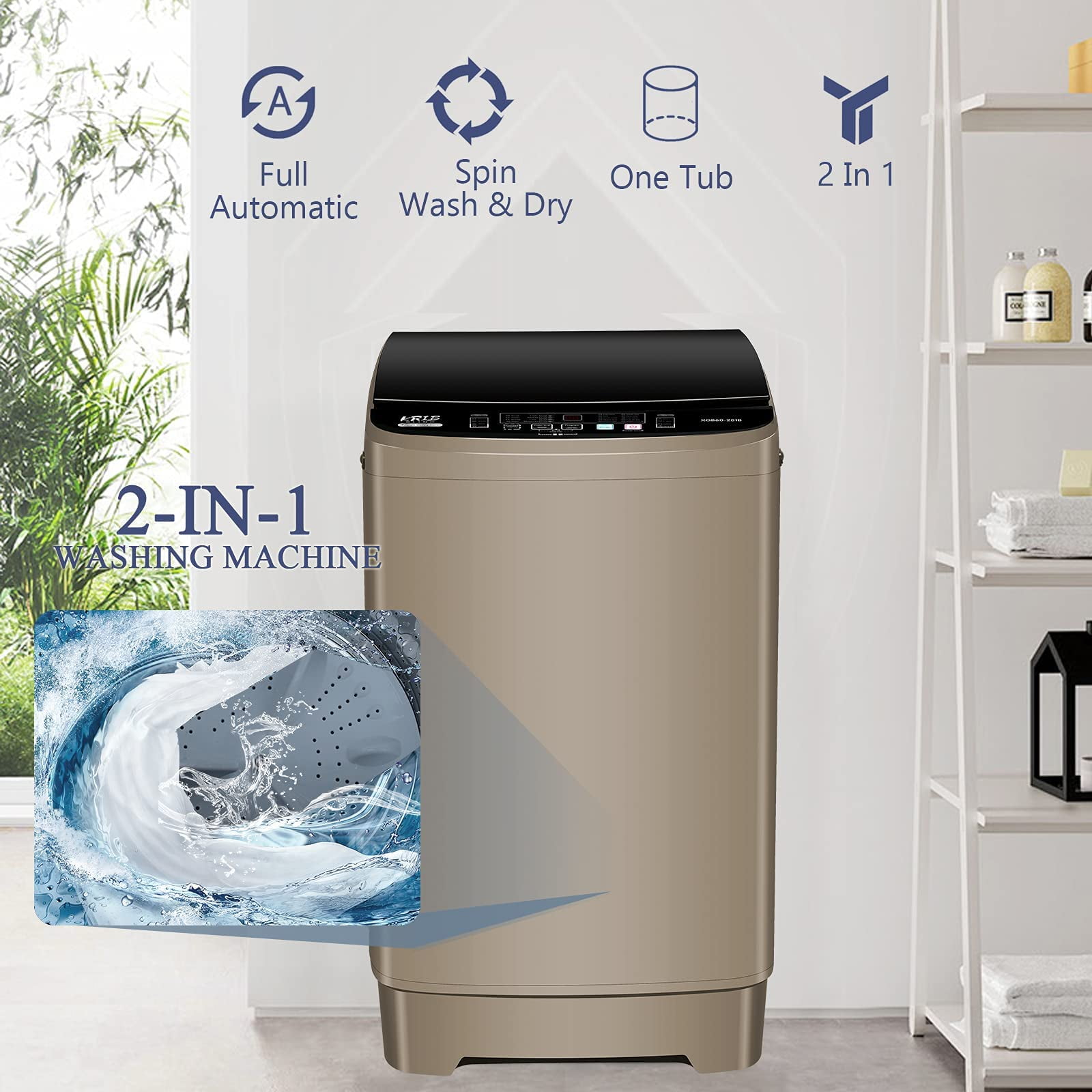 GGTB Portable Washing Machine, 1.9 Cu.ft Fully Automatic Compact Washer, 10 Wash Programs Washer with Drain Pump for Apartments, RVs, Camping, Coffee