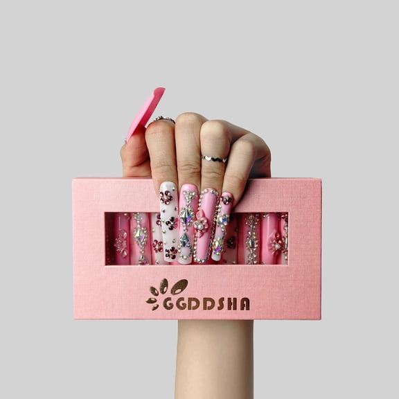GGddsha 2025 Long Novel Design And Reusable Handmade Nails 10PCS Pmma Acrylic Nails Press OnNails Kit With Box Gifts For Women,Rose Bloom