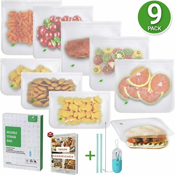 GGen Reusable Storage Bags Food 6 Reusable Sandwich Bags, Silicone Straw Set & 3 Reusable Snack Bags for Kids