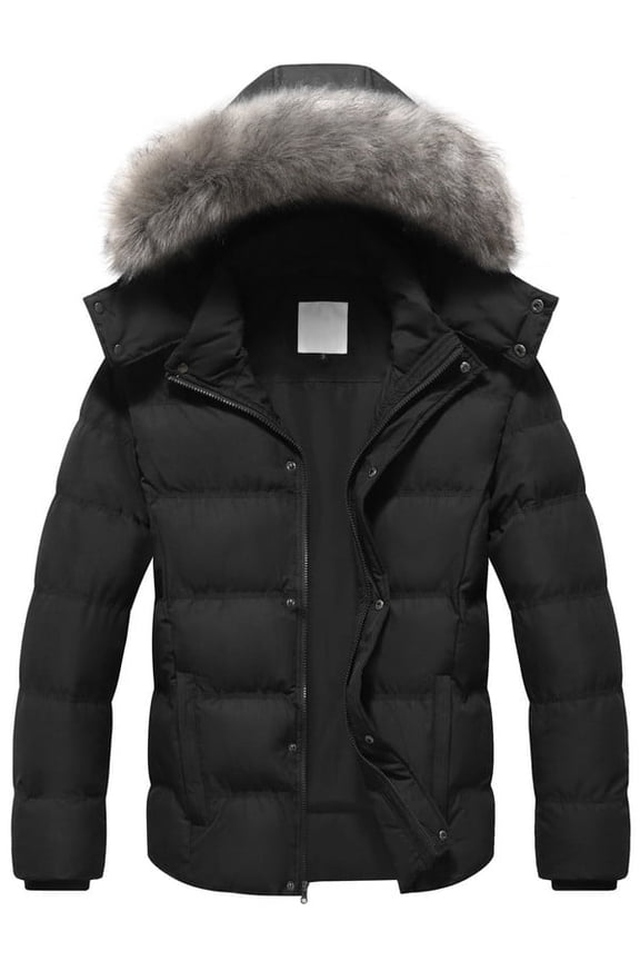 Men's Puffer Coat Thickened Padded Winter Jacket Hooded Parka with Detachable Hood Black M