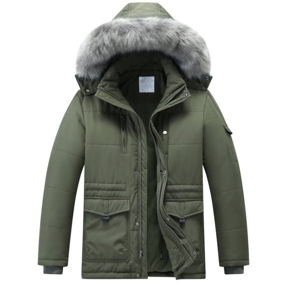 GGleaf Men's Winter Coat Warm Hooded Puffer Jacket Thicken Parka with Detachable Hood Faux-Fur Trim Army Green M