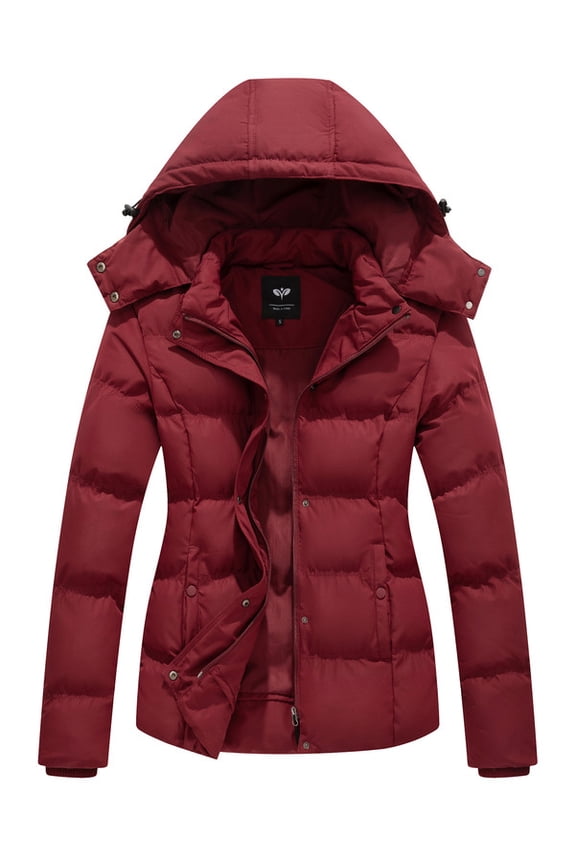 Women's Hooded Warm Winter Coat Plus Size Thicken Puffer Jacket with Removable Hood Burgundy Red 1X