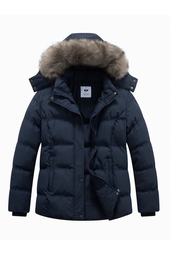 Women's Plus Size Hooded Warm Winter Coat Quilted Thicken Puffer Jacket with Removable Hood Navy 5X