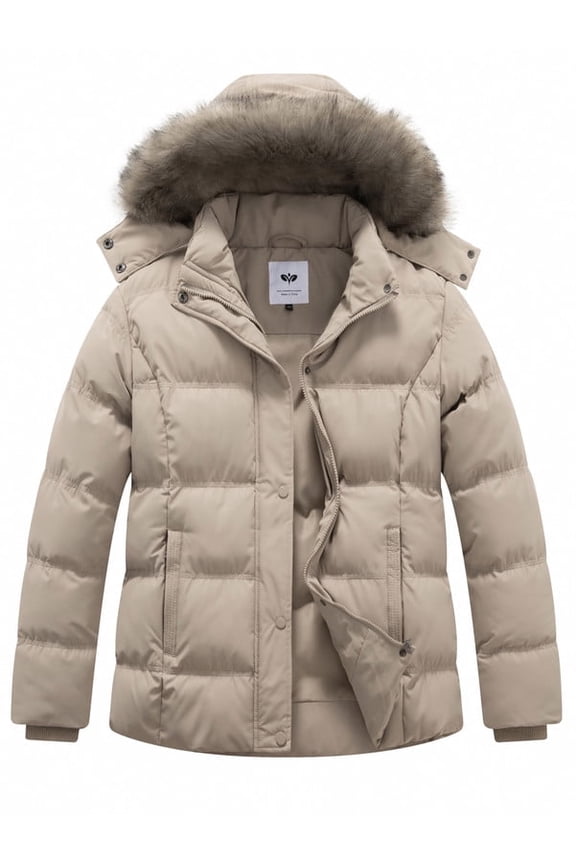 Women's Plus Size Hooded Warm Winter Coat Quilted Thicken Puffer Jacket with Removable Hood khaki 3X