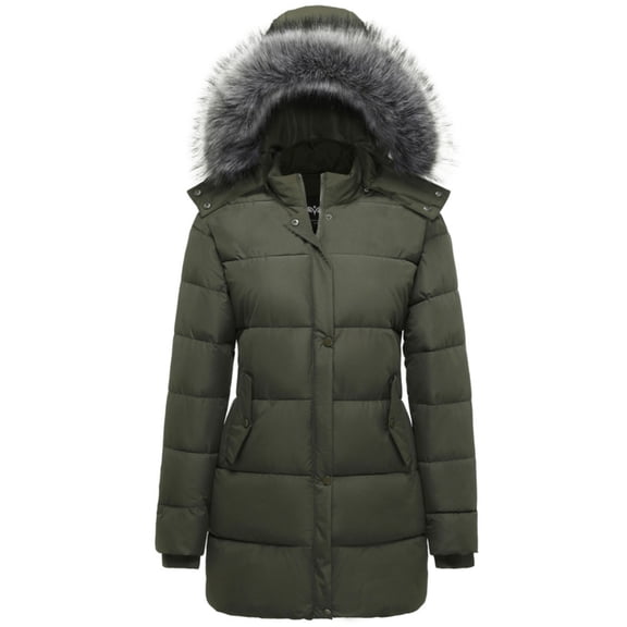 GGleaf Women's Plus Size Winter Thicken Puffer Coat Warm Snow Jacket with Fur Removable Hood Army Green 1X