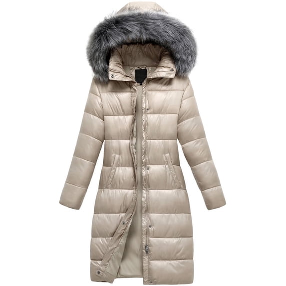 GGleaf Women's Winter Coat Metallic Shiny Hooded Long Puffer Jacket Warm Winter Outwear With Belt Khaki, Large