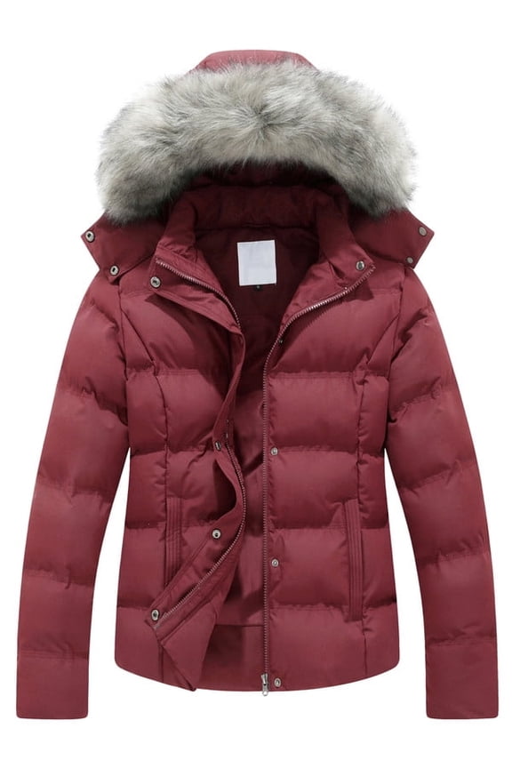 Women's Winter Coat Quilted Thicken Warm Puffer Jacket with Removable Fur Hood Red XL