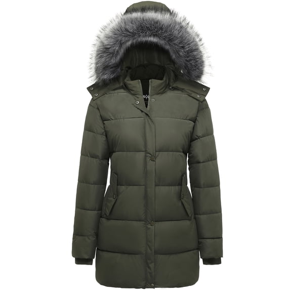 GGleaf Women's Winter Coat Thicken Puffer Jacket Down Alternative Warm Outwear with Faux Fur Removable Hood Army Green, XX-Large