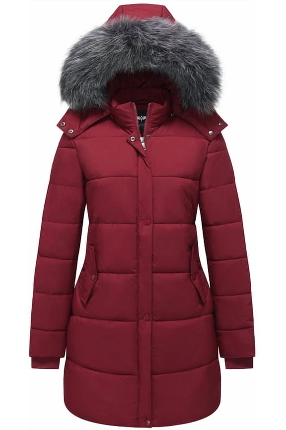 Women's Winter Coat Thicken Puffer Jacket Down Alternative Warm Outwear with Faux Fur Removable Hood Burgundy Red, Medium