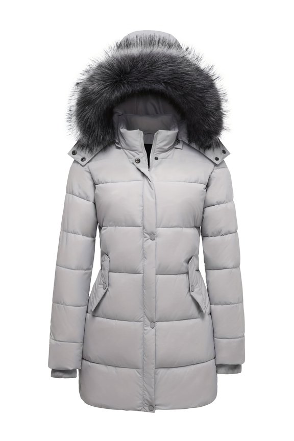 Women's Winter Coat Thicken Puffer Jacket Down Alternative Warm Outwear with Faux Fur Removable Hood Grey, Small