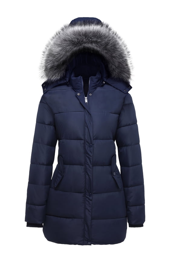Women's Winter Coat Thicken Puffer Jacket Down Alternative Warm Outwear with Faux Fur Removable Hood Navy, Large
