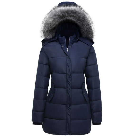 GGleaf Women's Winter Coat Thicken Puffer Jacket Down Alternative Warm Outwear with Faux Fur Removable Hood Navy, X-Large
