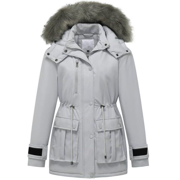 GGleaf Women's Winter Coat Warm Quilted Puffer Jacket Thicken Parka with Removable Fur Hood Grey Medium