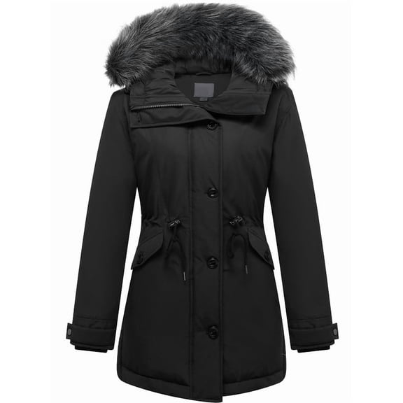 GGleaf Women's Winter Jacket Quilted Thicken Coat Puffer Parka with Faux Fur Hood Black Large