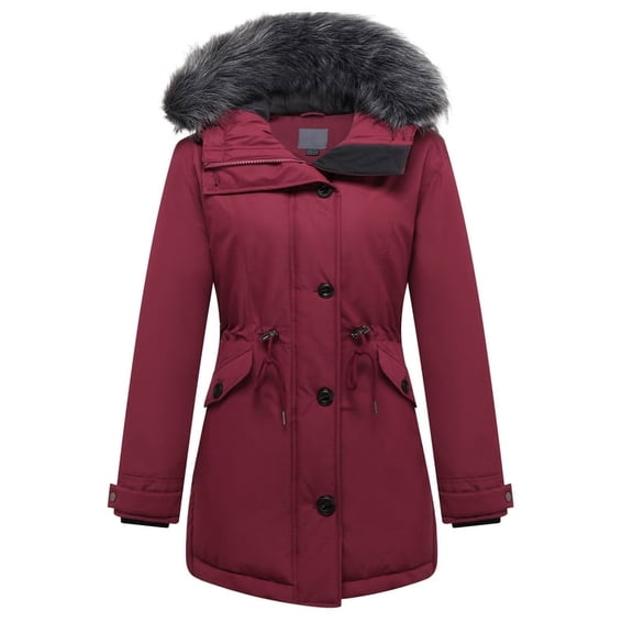 GGleaf Women's Winter Jacket Quilted Thicken Coat Puffer Parka with Faux Fur Hood Wine Red Large
