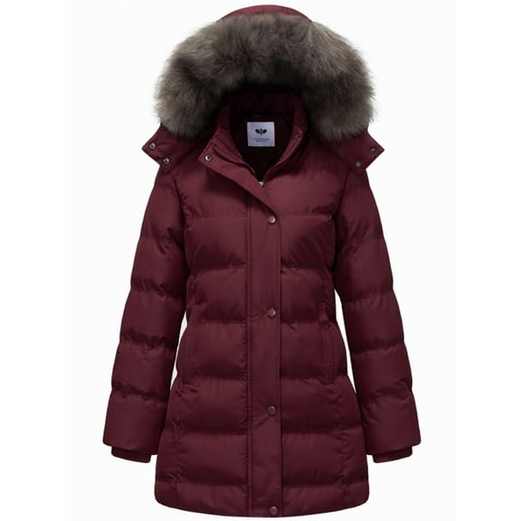 GGleaf Women's Winter Thicken Coats Warm Snow Jacket with Removable Hood Fashions Long Puffer Jacket Burgundy Red Small