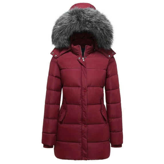 GGleaf Women's Winter Thicken Puffer Coat Warm Snow Jacket with Fur Removable Hood Burgundy Red 3X-Large