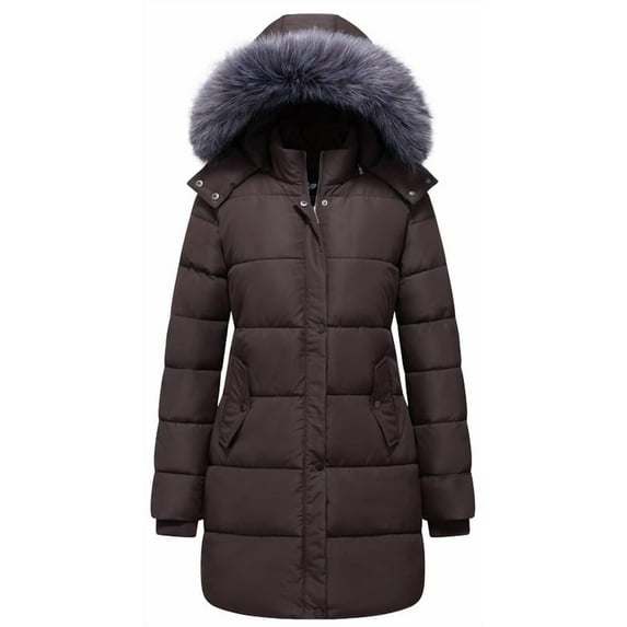 GGleaf Women's Winter Thicken Puffer Coat Warm Snow Jacket with Fur Removable Hood Coffee Small