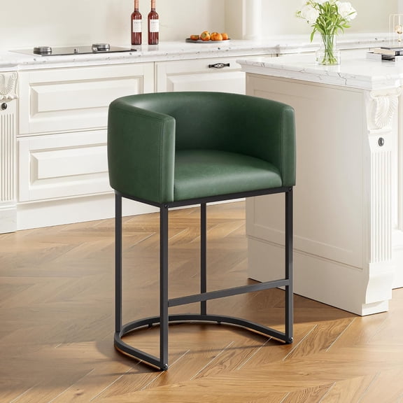 GGsum 26" H Counter Height Bar Stools Set of 1, Modern Barrel Counter Stools with Backrest and Arms, Faux Leather Upholstered Accent Barstools for Kitchen Island,Support 450 LBS (Green)