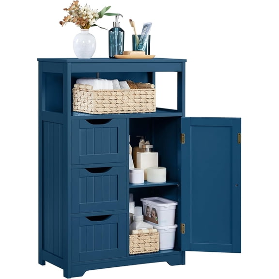 GGsum Bathroom Floor Cabinet, Free Standing Wooden Storage Organizer Multiple Tiers Storage Living Room Cabinet, Navy Blue