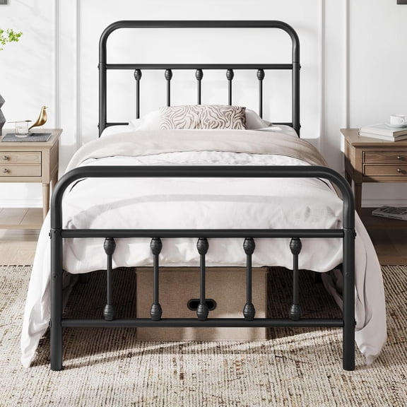 GGsum Classic Metal Platform Bed Frame Mattress Foundation with Victorian Style Iron-Art Headboard/Footboard/Under Bed Storage/No Box Spring Needed/Twin XL Size Black
