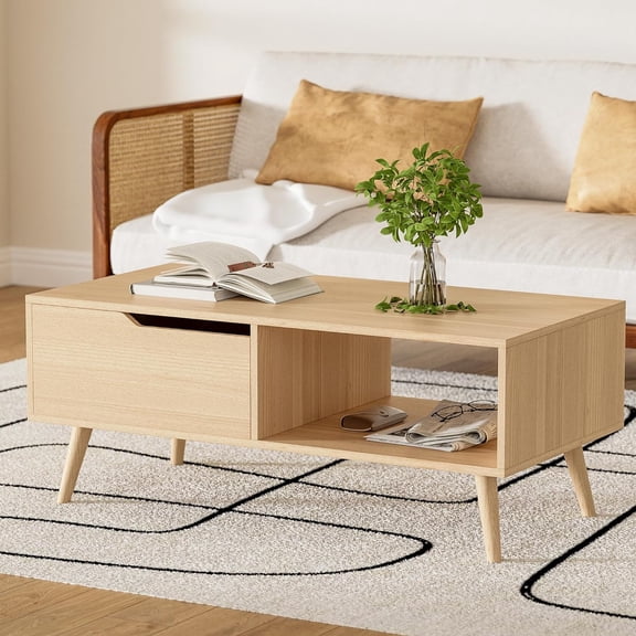 GGsum Oak Coffee Table, Mid Century Modern Coffee Table with Drawer & Shelf, 39'' Wooden Simple Console Table for Living Room
