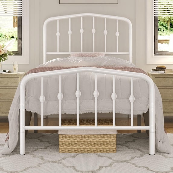 GGsum Twin Platform Bed Frame, Victorian Crown Headboard, 450lb Capacity, 13" Under-Bed Space, No Box Spring Needed, White