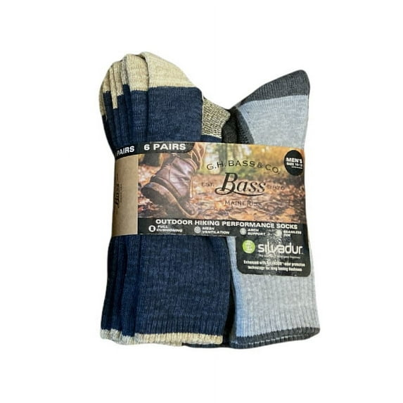 GH Bass & Co Men's Outdoor Hiking Hunting Performance Crew Socks, 6 Pair (Denim/Light Grey, 10-13)