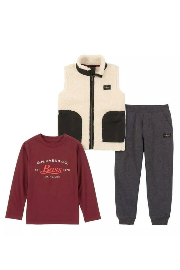 GH Bass Kids Boy Vest, Long Sleeve Tee Shirt, Jogger Pants 3-piece (Cream/ Maroon/ Charcoal, 6)