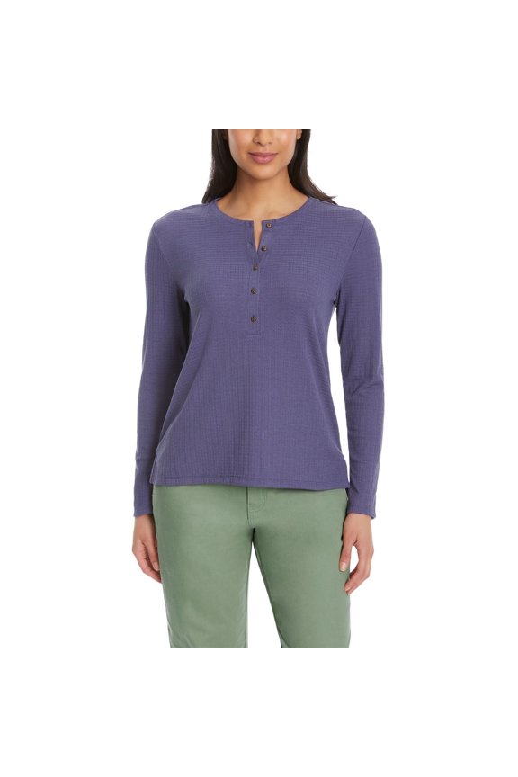 GH Bass Womens Textured Henley Top Blue Large