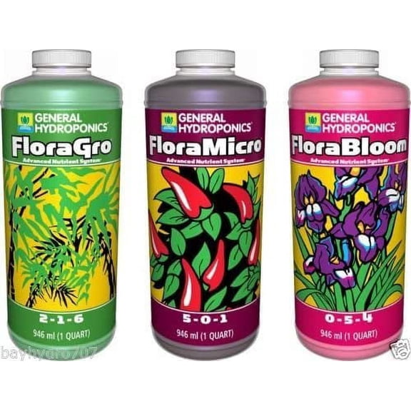 GH Flora Series' General Hydroponics 32oz Quarts Trio FloraMicro FloraGrow FloraBloom, 1 Set of 3