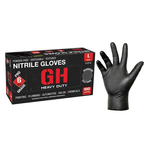 GH Heavy Duty Black Diamond Textured Nitrile Gloves, Latex and Powder Free, 6 mil Thickness