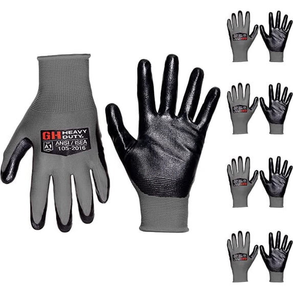 GH Heavy Duty Nitrile Reusable Work Gloves, All Purpose Working Gloves with Cut Resistant Palm Smooth Nitrile Dip Gloves (5-Pair) Large