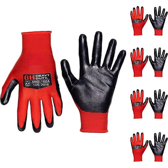 GH Heavy Duty Nitrile Reusable Work Gloves, All Purpose Working Gloves with Cut Resistant PalmSmooth Nitrile Dip Gloves (5-Pair) Large