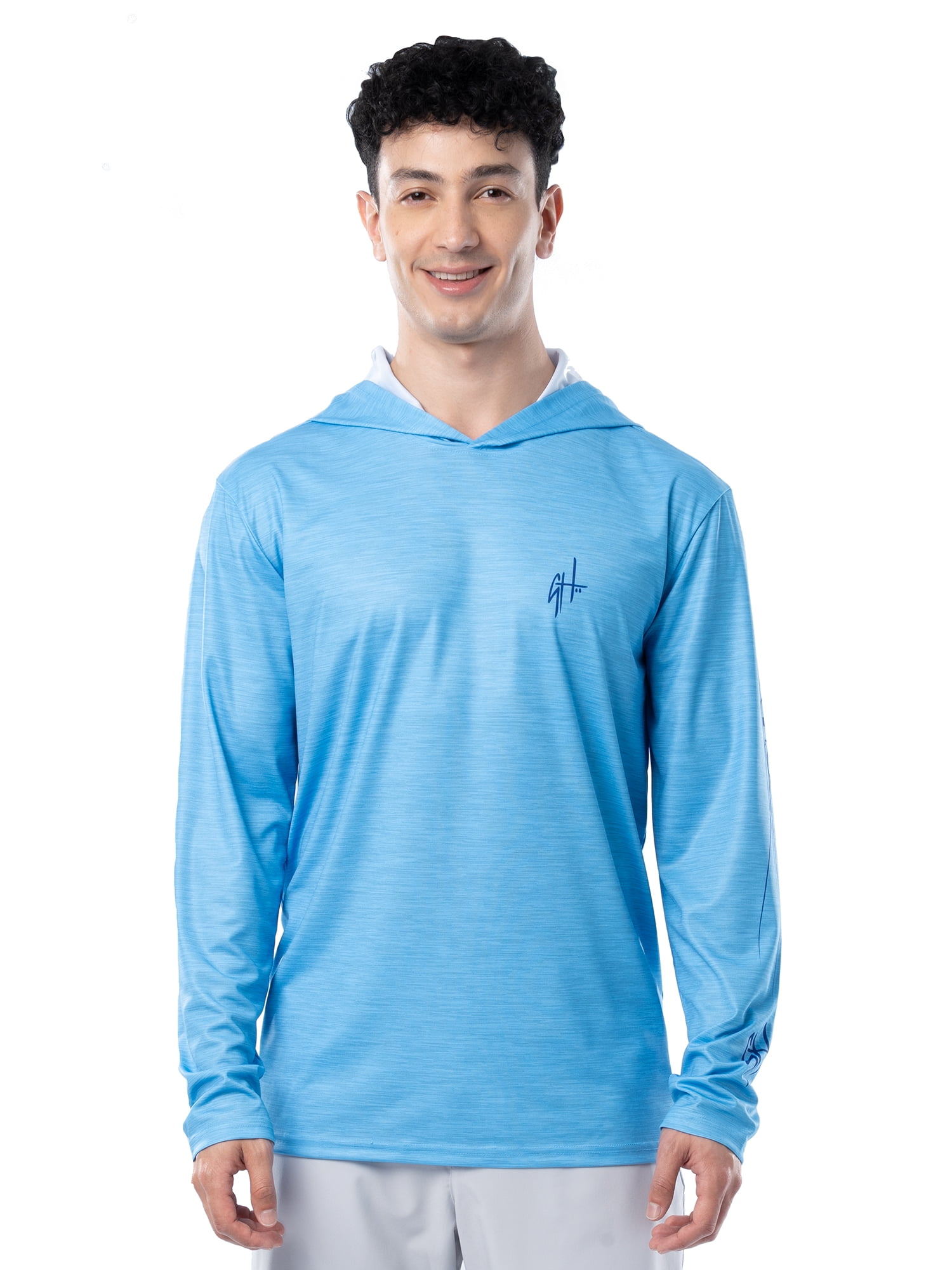 GH BY GUY HARVEY Men's Long Sleeve Performance Fishing Graphic Hoodie, Bonnie Blue, M