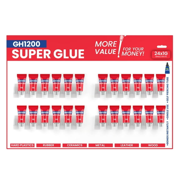 GH1200 - 1 Gram (Pack of 24) Single use Super Glue All Purpose, Super Fast, Thick & Strong Adhesive Superglue, Ca Glue / Cyanoacrylate Glue for Plastics, DIY Craft, Ceramics, Leather, Metal etc