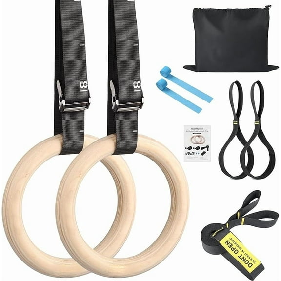 GHB Gymnastic Rings Wooden Gym Rings 1.25" Olympic Rings Adjustable Straps Pull Up Rings Sets for Workout Bodyweight Fitness Training