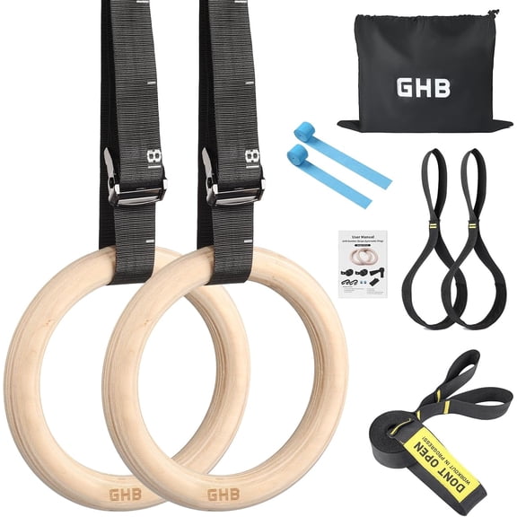 GHB Wooden Olympic Gymnastic Rings Set with Adjustable 27.6IN Straps, 1.25 Inch Fitness Pull Up Rings, Max 330LB Load Bearing for Home Bodyweight Strength Workout Training