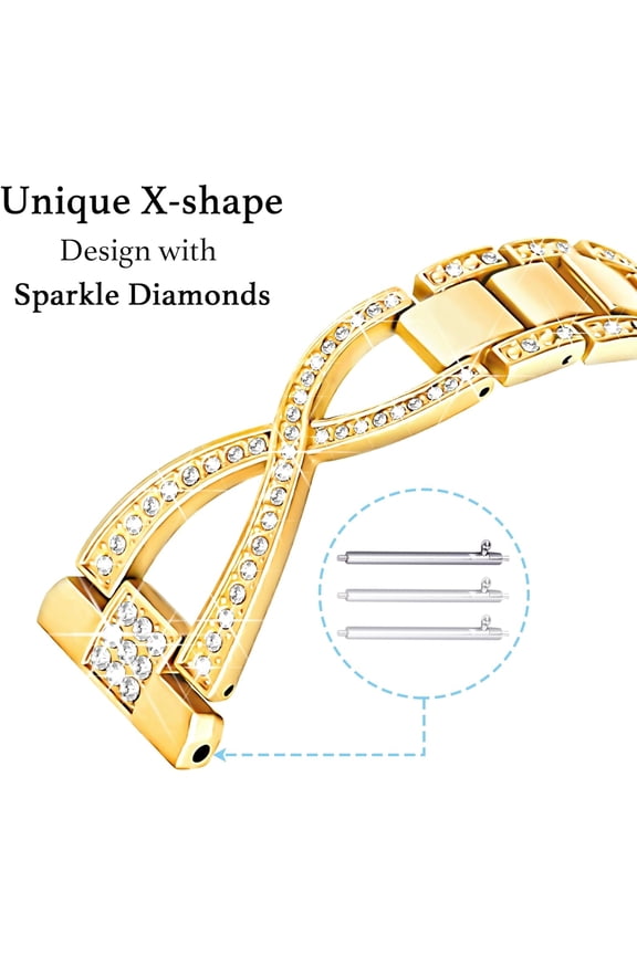 -20mm X-Shape Band for Samsung Galaxy Watch 7 6 5 4 FE Band 40mm 44mm /5Pro/6 4 Cassic/Watch 3 41mm/Active 2, Women Bling Diamond Metal Strap for Samsung Watch Bands 7 6 5 4 FE-Gold