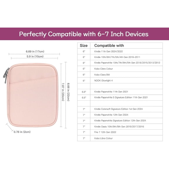 GHDSEEDEHG-6-7 Inch Protective Sleeve Carrying Case for 7" Kindle Paperwhite and Kindle Colorsoft Signature Edition, 6" Kindle, 6" Kobo Clara BW/Colour, 7" Kobo Libra Colour/E-Reader, Pink