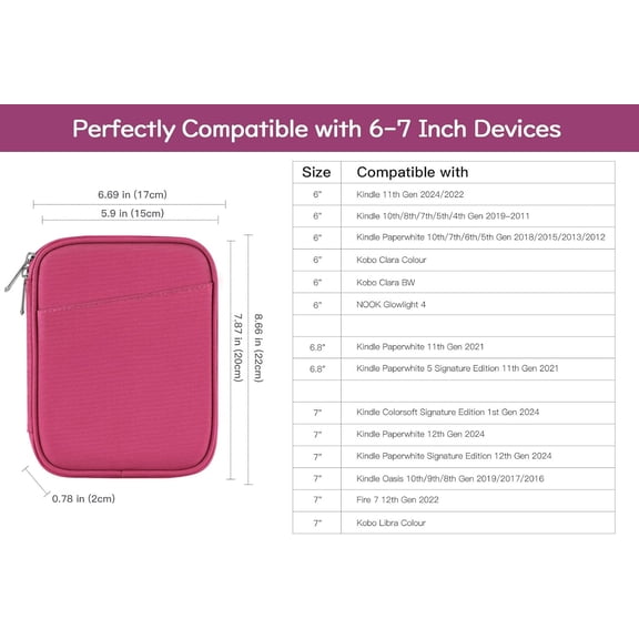 GHDSEEDEHG-6-7 Inch Protective Sleeve Carrying Case for 7" Kindle Paperwhite and Kindle Colorsoft Signature Edition, 6" Kindle, 6" Kobo Clara BW/Colour, 7" Kobo Libra Colour/E-Reader, Raspberry