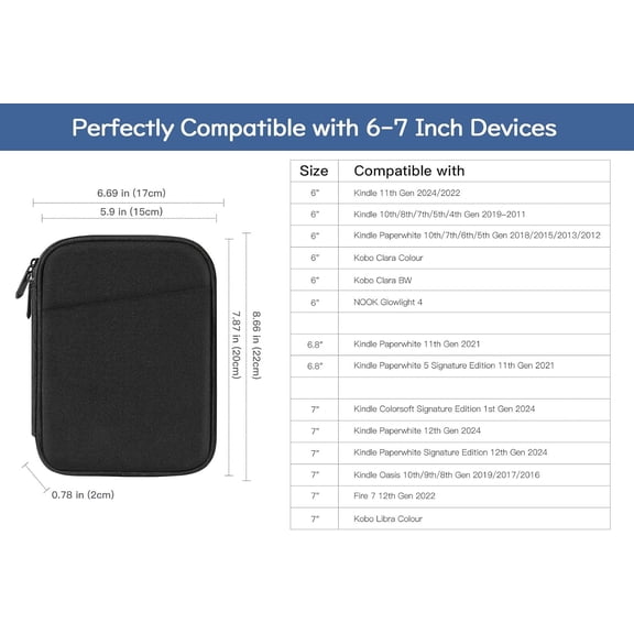 GHDSEEDEHG-6-7 Inch Protective Sleeve Carrying Case for 7" Kindle Paperwhite and Kindle Colorsoft Signature Edition, 6" Kindle, 6" Kobo Clara BW/Colour, 7" Kobo Libra Colour/E-Reader, Black