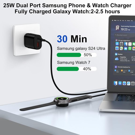 GHDSEEDEHG-USB C Samsung Watch Charger Magnetic Fast Charging Cable for Galaxy Watch 8/8 Classic/7/Ultra/6/6 Classic/5 Pro/5/4/3/Active2,25W Dual USB C Fast Charger Block with 3FT Type C Wireless Cha
