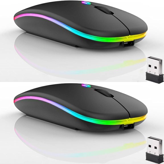 GHDYYPPDEHG-2 Pack Wireless Bluetooth Mouse,LED Dual Mode Rechargeable Silent Slim Laptop Mouse,Portable(BT5.2+USB Receiver) Dual Mode Computer Mice,for Laptop,Desktop Computer,ipad Tablet,Phone,TV (
