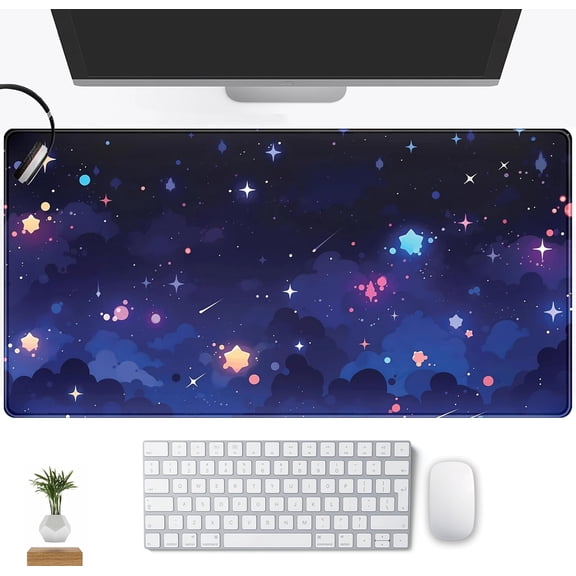 GHDYYPPDEHG-Blue Stars Desk Mat Cute Cloud Desk Pad, Aesthetic Starry Sky Mouse Mat Gaming Mousepad XXL, Extra Large Deskktop Mats for Keyboard and Mouse, Computer Laptop Mat Kawaii Desk Decor 31.5"x