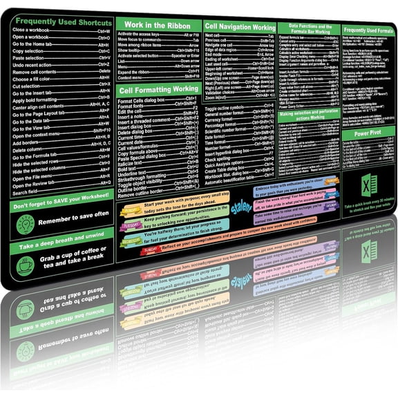 GHDYYPPDEHG-Excel Cheat Sheet Desk Pad 35.4"x15.7" Shortcuts Mousepad Mat | XXL Keyboard Shortcut Keys, Formulas, Waterproof, Non-Slip, for Accountants & Students